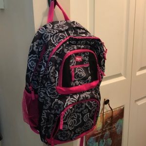 Navy blue and pink Thirty-One floral backpack